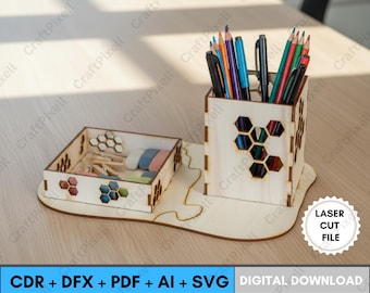 Laserskuren skrivbordsorganisatör SVG Dxf Cdr Ai PDF-filer, multifunktionell träpennhållare digital mall, design för kontorsförvaring