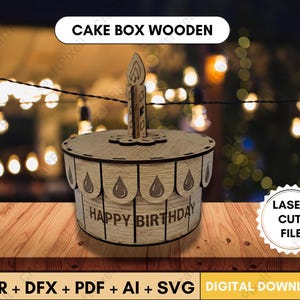 以下が含まれることがあります： ろうそく型のトッパーが付いた木製のケーキボックス。ボックスは丸く、「Happy Birthday」のメッセージが書かれています。デザインには、ベースの周りに水滴の形が含まれています。画像には「LASER CUT FILE」と「DIGITAL DOWNLOAD」の文字も含まれています。