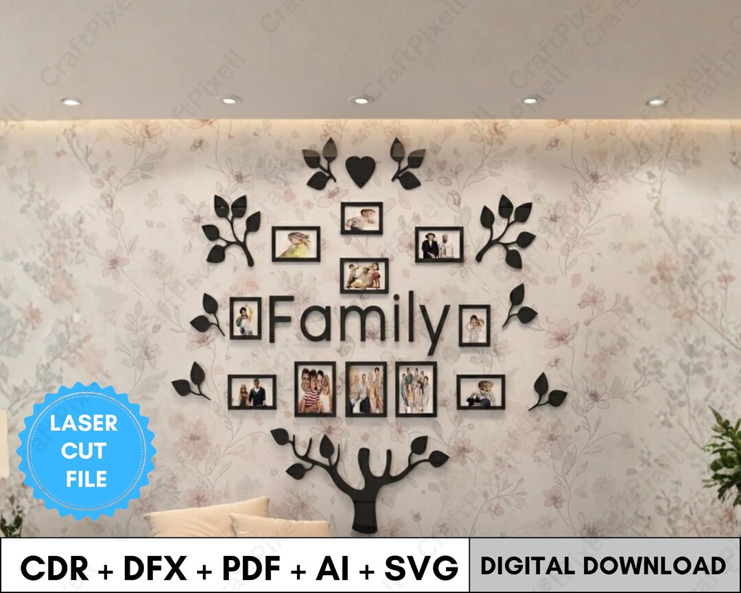 Family Tree Photo Frame Wall Decor SVG for Laser Cutting and Engraving ...