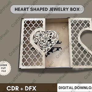Heart Box Laser Cut File SVG DXF, Wooden Gift Box Digital Template, Jewelry Storage Box Cricut Valentine Day Laser Cutting Design
