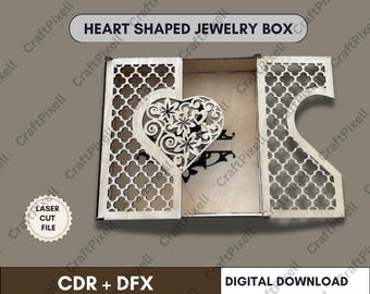 Heart Box Laser Cut File SVG DXF, Wooden Gift Box Digital Template, Jewelry Storage Box Cricut Valentine Day Laser Cutting Design