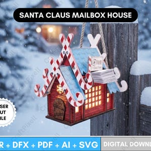 Puede incluir: Una casa buzón de Papá Noel roja y blanca con detalles de bastón de caramelo y un techo azul. El buzón tiene una pequeña puerta y una pila de cartas. El texto "SANTA CLAUS MAILBOX HOUSE" está en la parte superior. La imagen también incluye el texto "LASER CUT FILE" y "CDR + DFX + PDF + AI + SVG DIGITAL DOWNLOAD".