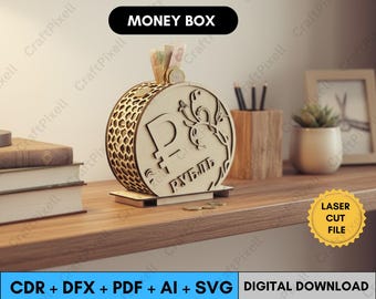 Hucha de madera cortada a láser (archivo SVG, CD, DXF, AI y PDF) para Glowforge xTool. Diseño digital de hucha de madera. Moneda grabada. Hucha de ahorro DIY.