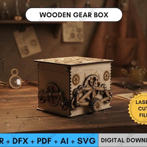 May include: A wooden gear box with intricate gear designs on the sides and top. The box is light brown with darker brown gears. The text "WOODEN GEAR BOX" is at the top. A yellow sticker says "LASER CUT FILE".