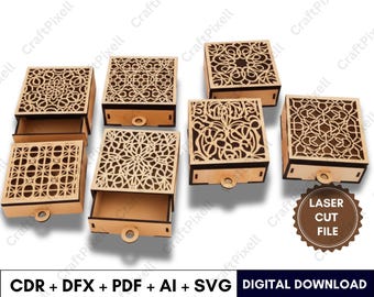 Decorative Gift Box Laser Cut Files with 6 Patterns Jewelry Box with Lid Svg Cdr Ai Pdf Dxf Vector Cutting Templates for Wood