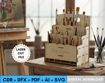 Laser Cut Brush Holder Svg Cdr Dxf Ai Pdf Files for Glowforge XTool – Makeup Brush Organizer, Pencil Stand, Wood Desktop Storage Template