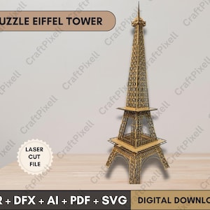 Fichiers découpés au laser Tour Eiffel pour CNC et Glowforge, modèle de modèle de puzzle 3D, modèle SVG de décoration de Paris, conception de découpe de contreplaqué