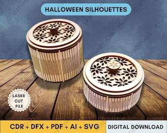 May include: Two wooden boxes with floral cut-out lids and vertical stripe designs. The boxes are light brown with dark brown accents. The image includes the text "HALLOWEEN SILHOUETTES" and "LASER CUT FILE".
