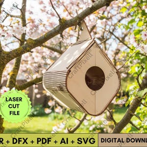 May include: A wooden birdhouse with a diamond-shaped design and a circular entrance hole. The birdhouse is hanging from a tree branch, with a background of pink blossoms and green leaves. The image includes the text "LASER CUT FILE" and "DIGITAL DOWNLOAD".