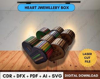 Heart Shaped Box SVG,Dxf,Cdr,Ai,Pdf Laser Cut Files for Glowforge and Cricut, Valentine Jewelry Box Template, Love Gift Box Digital Download