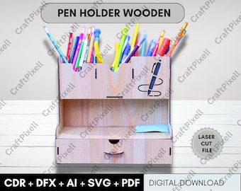 Plantilla de organizador de escritorio de madera, portabolígrafos cortado a láser (descarga digital)