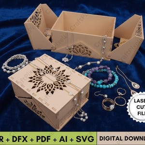 File SVG CDR DXF PDF Ai per scatola tagliata al laser con serratura magnetica / Modello digitale per scatola regalo per gioielli / Piani per scatola di legno tagliata al laser