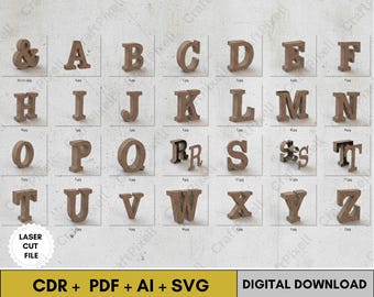 Kinder Alphabet Puzzle SVG Laser geschnitten Dateien Vorlage für Glowforge CNC Holzspielzeug Vektor Dxf Cdr Ai PDF Instant Download