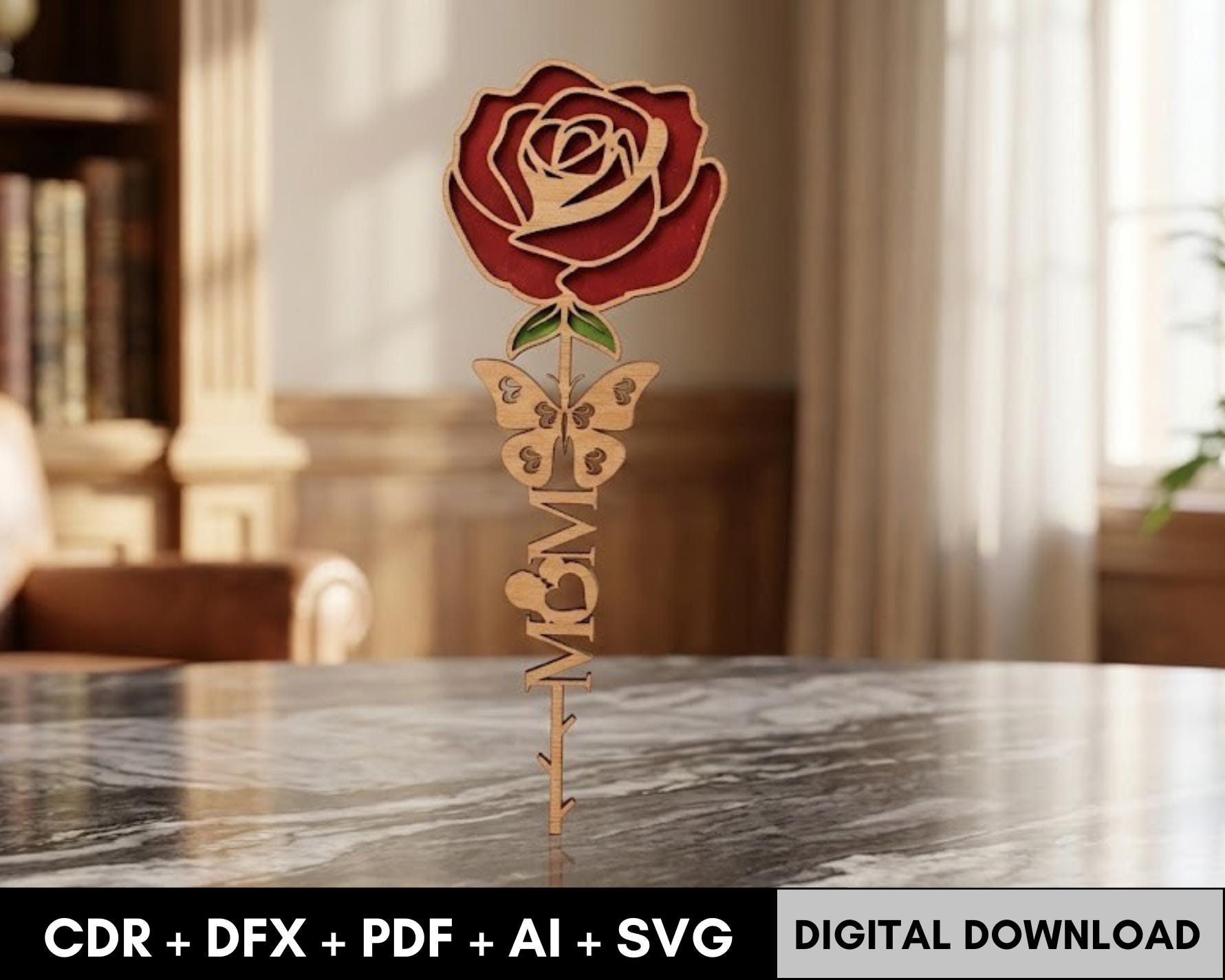 Standing Rose SVG Laser Cut File Wooden Rose With Heart, Mothers Day ...