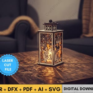 May include: A wooden lantern with intricate snowflake and winter scene cutouts, illuminated from within. The lantern sits on a dark wooden table. The image also includes the text "LASER CUT FILE" and "DIGITAL DOWNLOAD".