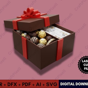 May include: A brown gift box with a red bow and ribbon, filled with chocolates and jewelry. The box is open, revealing the contents. The image also includes the text "CDR + DFX + PDF + AI + SVG DIGITAL DOWNLOAD" and "LASER CUT FILE".