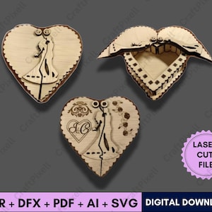 Puede incluir: Tres cajas de madera con forma de corazón cortadas con láser. Dos están cerradas y una está abierta, revelando el interior. Cada caja presenta una silueta decorativa de una pareja. La imagen también incluye el texto "LASER CUT FILE" y "DIGITAL DOWNLOAD".