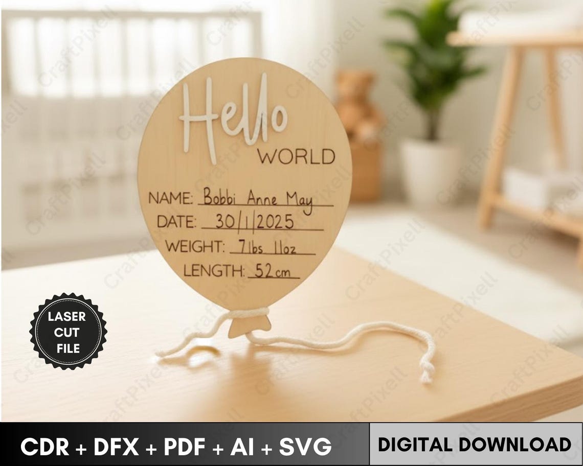 Hello World Baby Birth Stat Sign SVG Template | Personalized Newborn ...
