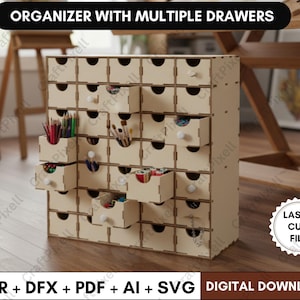 May include: A beige wooden organiser with numerous small drawers, some open to show art supplies. The text "ORGANIZER WITH MULTIPLE DRAWERS" is at the top. The image also includes the text "LASER CUT FILE" and "DIGITAL DOWNLOAD".