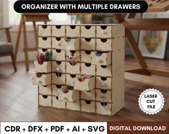 Laser Cut Drawer Organizer( Svg Dxf Cdr Ai Pdf )Files with Multiple Drawers for Desktop Storage Cabinet Box Modular Stackable  Drawer System