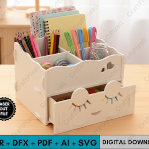 May include: A white wooden desk organizer with multiple compartments and a drawer. The organizer is filled with colorful pens, pencils, notebooks, and decorative tape. The text "LASER CUT FILE" is in a black circle. The text "CDR + DFX + PDF + AI + SVG DIGITAL DOWNLOAD" is below.