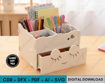 Organizzatore di cancelleria tagliato al laser in formato SVG, CDR, AI, DXF, PDF, scatola portaoggetti per cosmetici, design di organizer in legno per profumi e pennelli