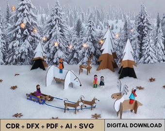 Laser Cut Christmas Village Candle Holder SVG | Christmas Village Scene Lantern | Holiday Table Decor Laser Cut Files