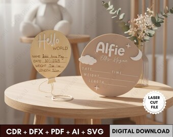 Hello World Baby Birth Stat Sign SVG Template | Personalized Newborn Announcement Laser Cut File | Baby Shower Gift Digital Download