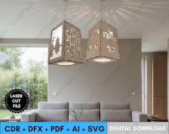 2 Decorative Pendant Chandelier Laser Cut Svg Cdr Dxf Ai Pdf Files for Glowforge, Wooden Hanging Lampshade Template, Movable Lamp CNC Design