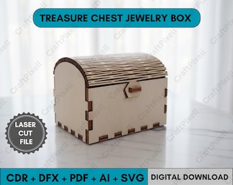 Treasure Chest Jewelry Box Svg Dxf Cdr Ai Pdf Template for Laser Cutting, Wooden Jewelry Box Laser File, DIY Gift Box SVG Pattern for Cricut