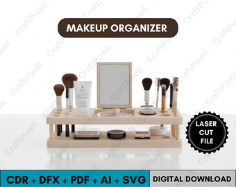 Laser-Schnitt-Holz-Make-up-Organizer mit Spiegel Cdr,Dxf,Ai,Pdf Schmuck Aufbewahrungsbox, CNC Schreibtisch Organizer, Holz Geschenkbox für Frau,
