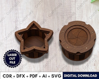 Mekanism Iris Box Laserskurna filer SVG DXF PDF Ai Cdr för Cricut och Glowforge Magic Puzzle Box Mönster Digital Nedladdning