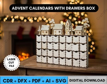 3D Wooden Advent Calendar SVG Laser Cut Christmas Countdown Box with 28 Drawers Digital File for Glowforge Xtool Cricut DIY Holiday Decor