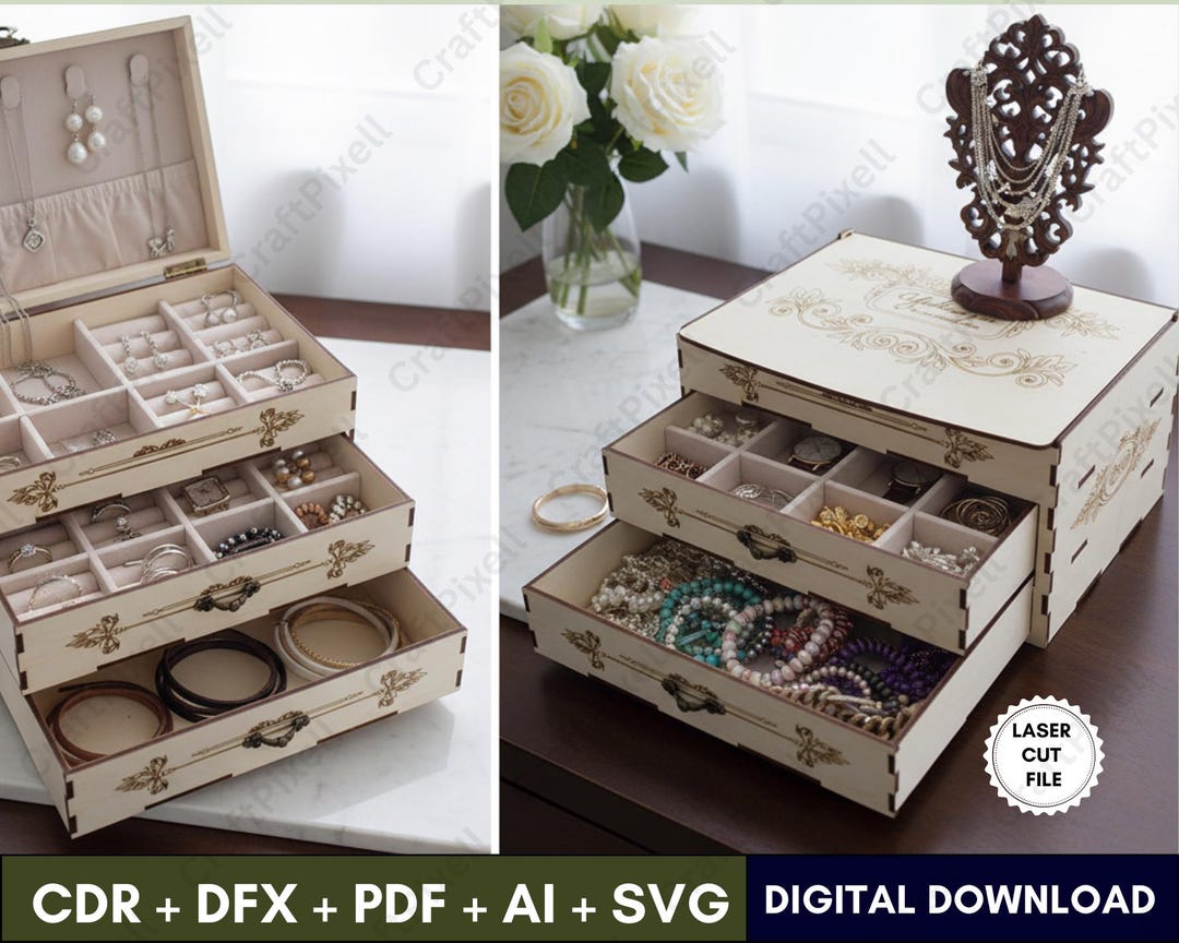 Wooden Jewelry Gift Box Laser Cutting File SVG DXF AI Cdr Pdftemplate ...