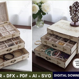 Wooden Jewelry Gift Box Laser Cutting File SVG DXF AI Cdr PdfTemplate, Decorative Box Vector, Laser Cut Jewelry Box Design