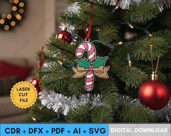 Mistletoe and Holly Candy Cane Ornaments SVG Digital Download for Glowforge Laser Cutting | Rustic Christmas Ornament  for Holiday Crafts