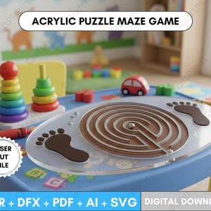 Può includere: Un gioco di labirinto puzzle in acrilico con un design a labirinto circolare e ritagli di impronte. L'immagine mostra anche un giocattolo impilabile colorato, un'auto giocattolo rossa e il testo "ACRYLIC PUZZLE MAZE GAME".