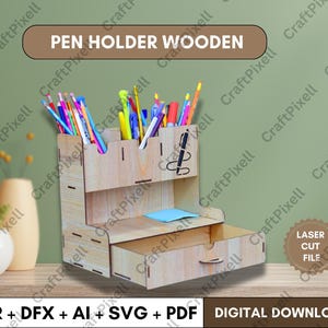 Laser Cut Pen Holder  File, Desk Organizer Digital Template, Vector Files for Wood Laser Cutting, Pen Holder Laser Cut Design