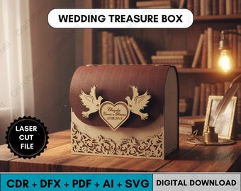 Laser Cut Jewelry Box SVG Template, Wooden Treasure Chest Laser Cutting File, Jewelry Storage Box Svg Dxf Cdr Ai Pdf, Craft Gift Box Design