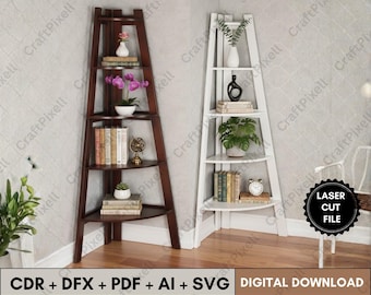 3D Wooden Corner Shelf Laser Cut Design, Floral Butterfly Wall Bookshelf Template, Plant Display Rack Svg Cdr Dxf Ai Pdf for Laser Cutting