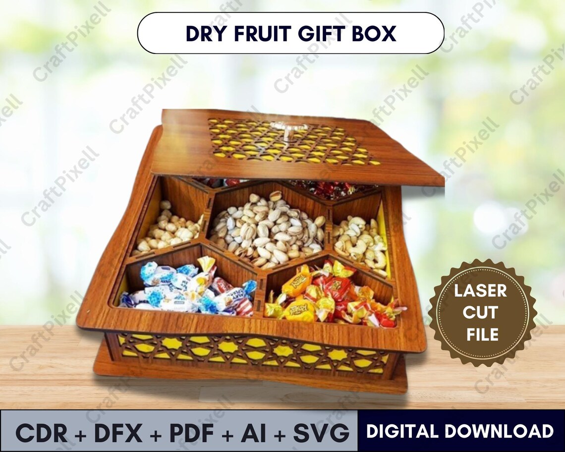 Snack Box Cd R Wooden Snack Box Laser Cut File, 7 Compartment Candy Nut Dispenser (CDR ...
