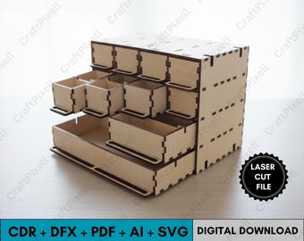 Laser Cut Desktop Organizer Svg Dxf Cdr Pdf AI  Glowforge Template, Drawer Storage Box Vector File, CNC  Organizer for Office Craft Room