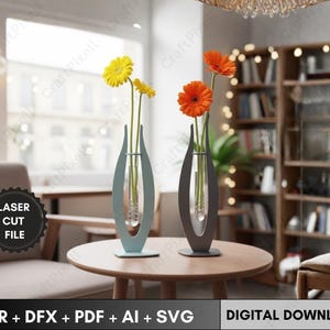 May include: Two modern vases, one blue and one gray, each holding colorful flowers. The vases have a unique open design and sit on a round wooden table. The image also includes the text "LASER CUT FILE" and "DIGITAL DOWNLOAD".