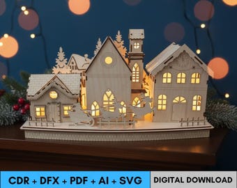 Archivo de corte láser de pueblo navideño 3D, SVG de escena invernal, pueblo navideño en capas, plantilla Glowforge, archivo láser de adorno y decoración navideña