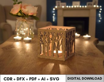 Laser Cut Candle Holder SVG,Dxf,Cdr,Ai,Pdf Glowforge Holiday Lantern Template, Laser Cut Christmas Decor Pattern