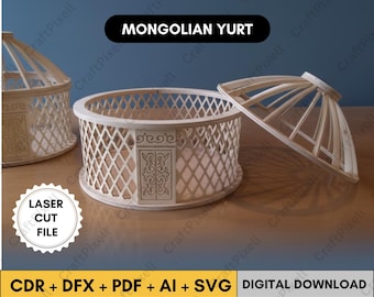 Mongolische Jurte Box (SvgCdr Dxf Ai Pdf) Laser geschnitten Schatzkiste Vorlage, Schmuckschatulle SVG, Holzandenken Puzzle Box Laserschnittdatei