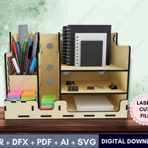3D-skrivbordsorganisatörer i trä, SVG, Cdr, Dxf, Ai, Pdf, laserskuren skrivbordsorganisatör med lådor, förvaringsfack för skrivbordet, dokumenthållare för kontorsfiler