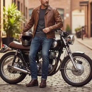 Handmade Men’s Vintage Leather Biker Jacket, Brown Cafe Racer Motorcycle Coat with Quilted Design, Real Leather Slim Fit, Motorcycle Coat