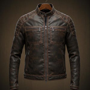 Handmade Rustic Brown Leather Biker Jacket: Distressed Cafe Racer Coat