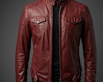 Men's Handmade Burgundy Leather Biker Jacket – Diamond Quilted Slim Fit Moto Motorcycle Genuine Cowhide Leather Jacket
